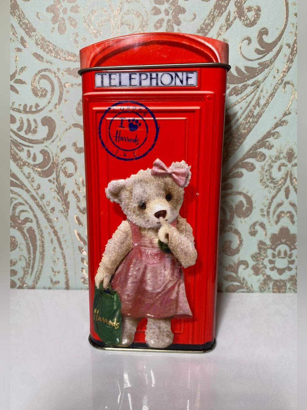 Harrods Teddy Telephone Box Tin with Coin Slot